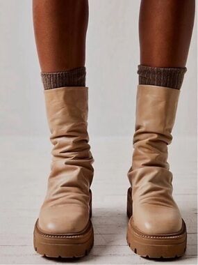 Free People Emma Ruched Platform Combat Boots in Natural Tan Leather